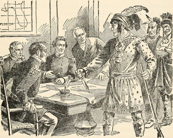 drawing of a conversation between Native Americans and other men